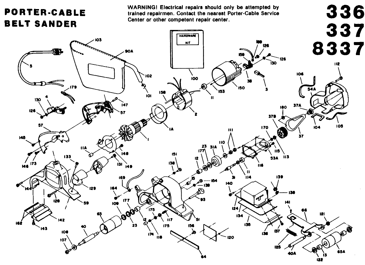 Default Diagram and Parts List for J-337 Type 1 Porter Cable Belt or Drum Sander